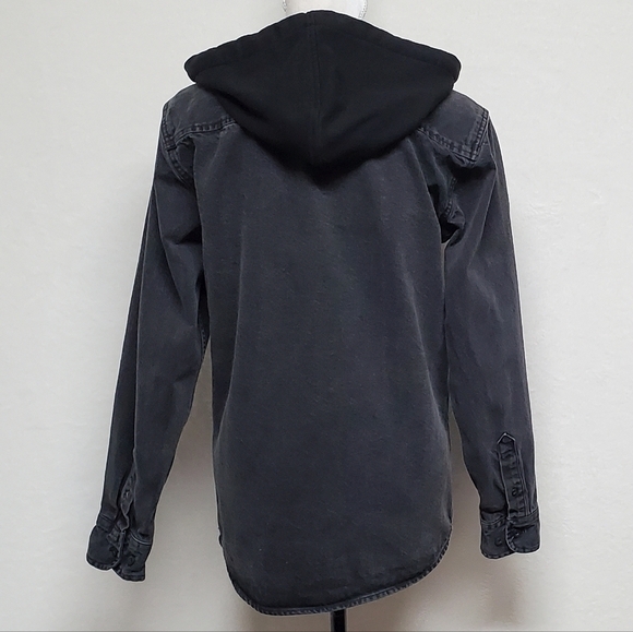 VINTAGE 80s Black Denim Contrast Hood Long Sleeve Button Up Grunge Jacket Medium - Picture 10 of 12